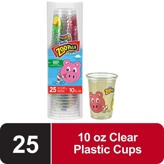 Hefty Zoo Pals Kids Cups, Kids Plastic Cups, Multicolored, 10 oz, 25 Count