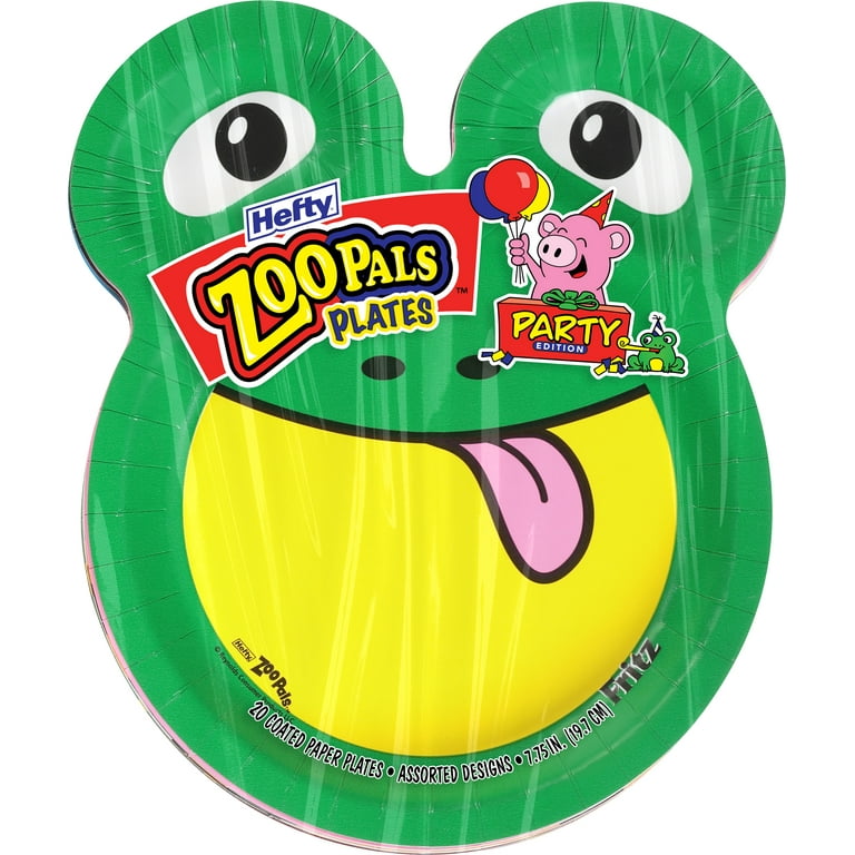 Hefty Zoo Pals Party Edition Paper Plates for Kids Assorted Animal Designs 7.75 Inches with Two Dipping Compartments 20 Count