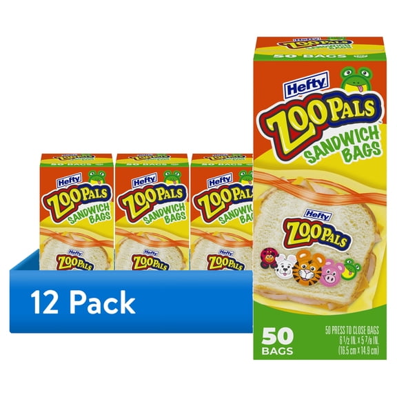 (12 pack) Hefty Zoo Pals Press to Close Sandwich Bags, 50 Count