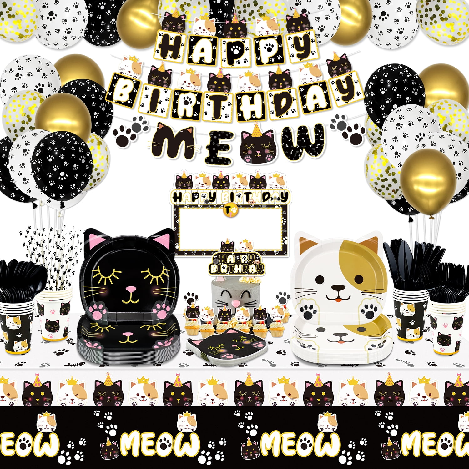 Hegbolke Cat Themed Birthday Party Decoration Kit with Napkins & Balloons, Black & White (222 Count)