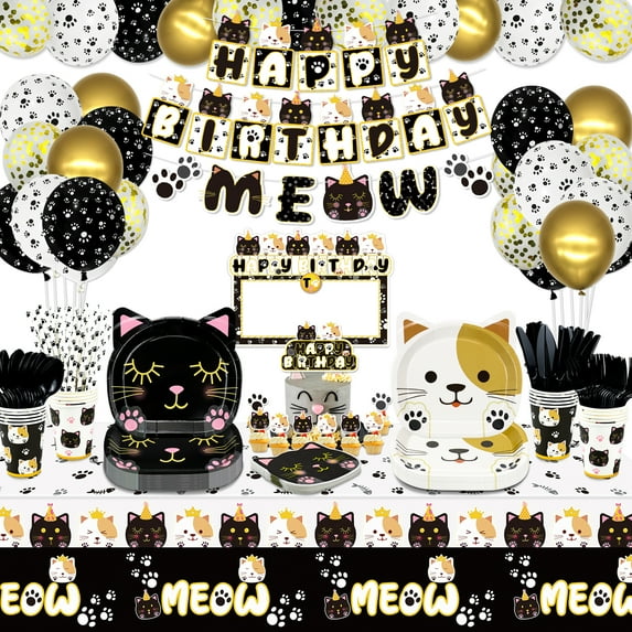 Hegbolke Cat Themed Birthday Party Decoration Kit with Napkins & Balloons, Black & White (222 Count)