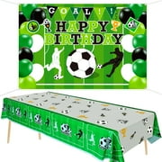 Hegbolke Soccer Happy Birthday Party Photo Props with Backdrop and Table Cover Set, 2 Pieces