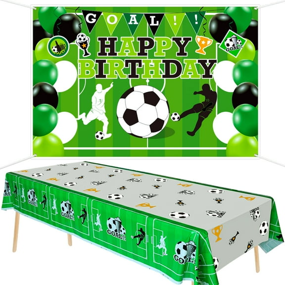 Hegbolke Soccer Happy Birthday Party Photo Props with Backdrop and Table Cover Set, 2 Pieces
