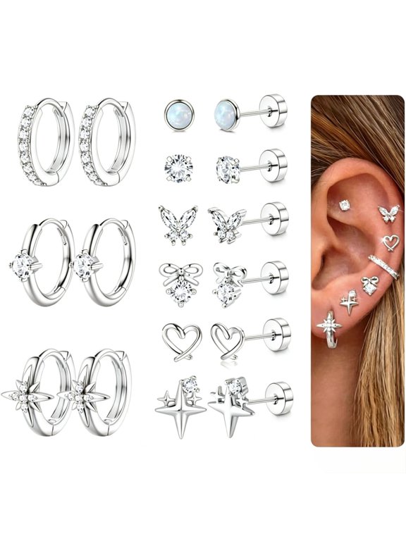 Hegnshan Flat Back Earrings for Women Hypoallergenic Surgical Steel Earrings for Sensitive Ears-20G Cartilage Earring Stacks 14K Gold Plated Hoops Flatback Stud Earring Sets for Multiple