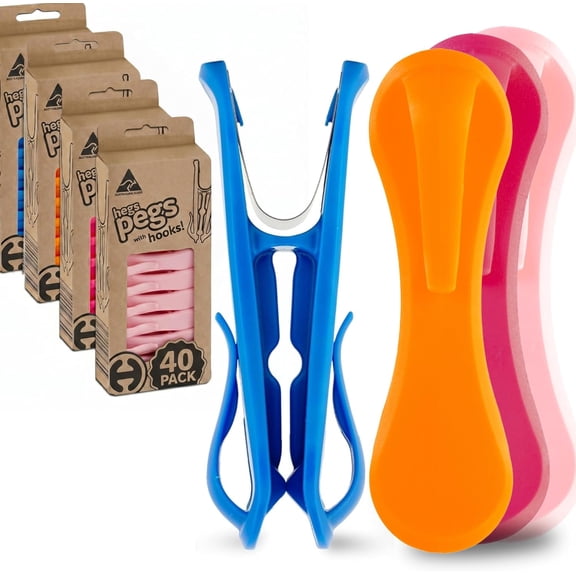 Hegs 40-Count Stainless Steel Clothespins with Hooks, Multi Colors - Bright Blue, Orange, Bright Pink, Light Pink
