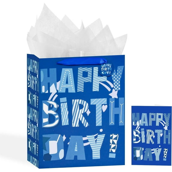 Hehanda 13" Birthday Gift Bag with Card and Tissue Paper for Men Birthday Party, Boy Kids Parties, Baby boy Birthday Gift Bags (1PCS Blue Happy Birthday)