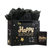 Hehanda Black Happy Birthday Gift Bag with Tissue Paper and Greeting Card for Birthday,Party,Happy Bithday Gift Bag for Men Women Birthday，13" Gift Bags Medium size(1-PCS Black, Happy Birthday)