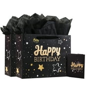 Hehanda Black Happy Birthday Gift Bag with Tissue Paper and Greeting Card for Birthday,Party,Happy Bithday Gift Bag for Men Women Birthday，13" Gift Bags Medium size(2-PCS Black, Happy Birthday)