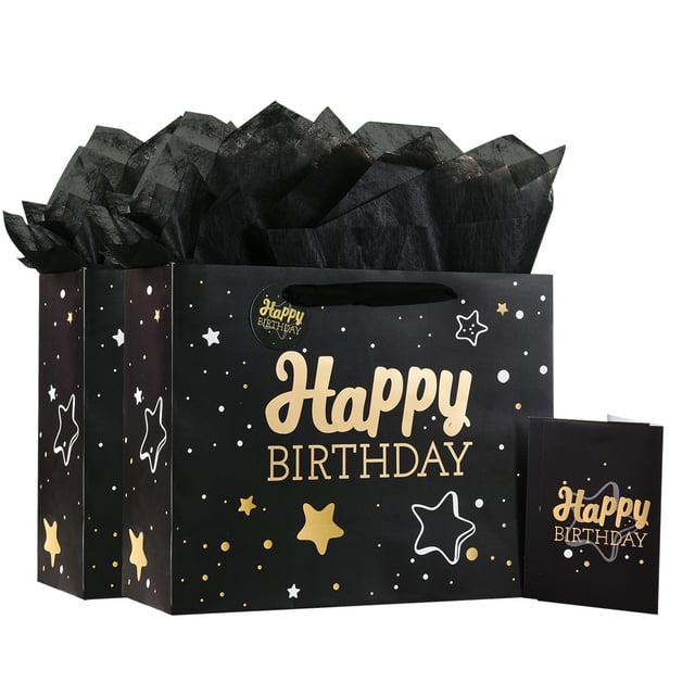 Hehanda Black Happy Birthday Gift Bag with Tissue Paper and Greeting