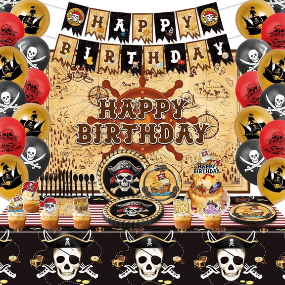 Heidaman Pirate Party DecorationsPirate Birthday Decorations,Pirate Themed Party Decorations,Set IncludeBalloons,Backdrop,Banner, Cake ToppersPlates And NapkinsTableware, Tablecloth