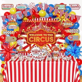 Heidaman 180Pcs Circus Party Decorations, Circus Birthday Party Decorations Set, Include Circus Bunting Banners, Backdrop, Cake Toppers, Tableware, Tablecloth for Kids Boys Girls Adult