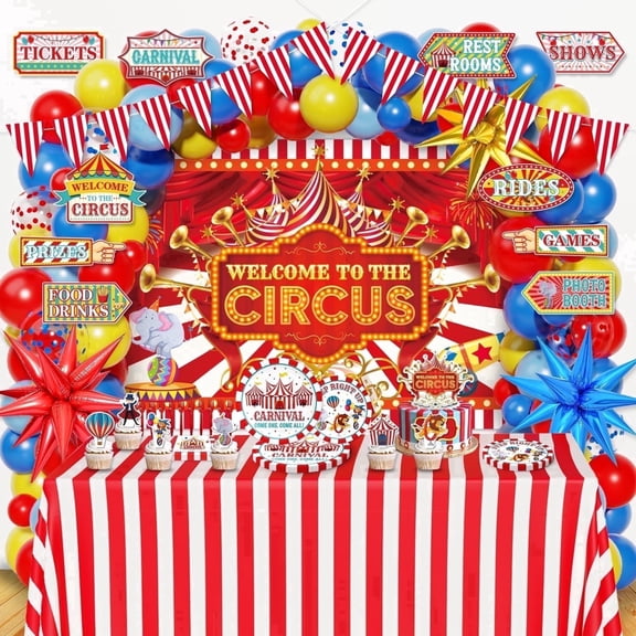 Heidaman 180Pcs Circus Party Decorations, Circus Birthday Party Decorations Set, Include Circus Bunting Banners, Backdrop, Cake Toppers, Tableware, Tablecloth for Kids Boys Girls Adult