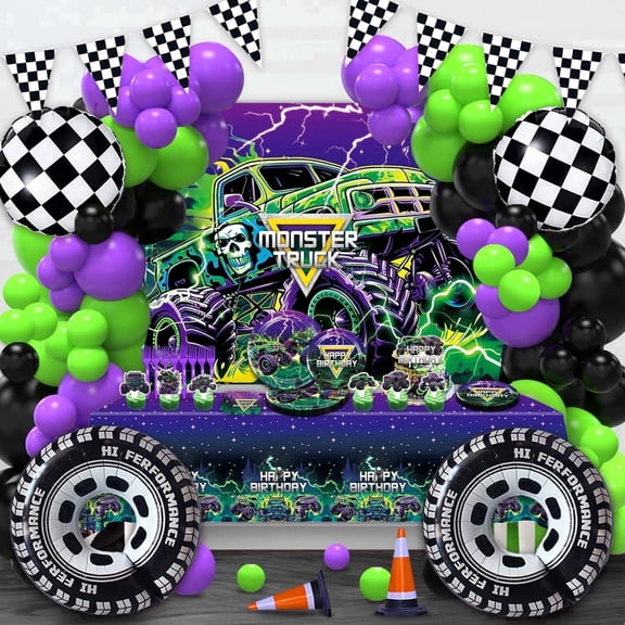 Heidaman 182PCS Monster Truck Birthday Decorations, Monster Truck Party Decorations with Balloon Arch, Banner, Backdrop, Cake Toppers, Tableware, Tablecloth