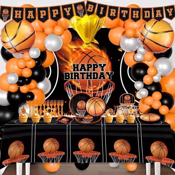 Heidaman Basketball Birthday Party Decorations, Basketball Party Supplies with Balloon Arch Kit, Banner, Backdrop, Tablecloth, Plates, Napkins, Forks, Cake Topper, Cupcake Toppers