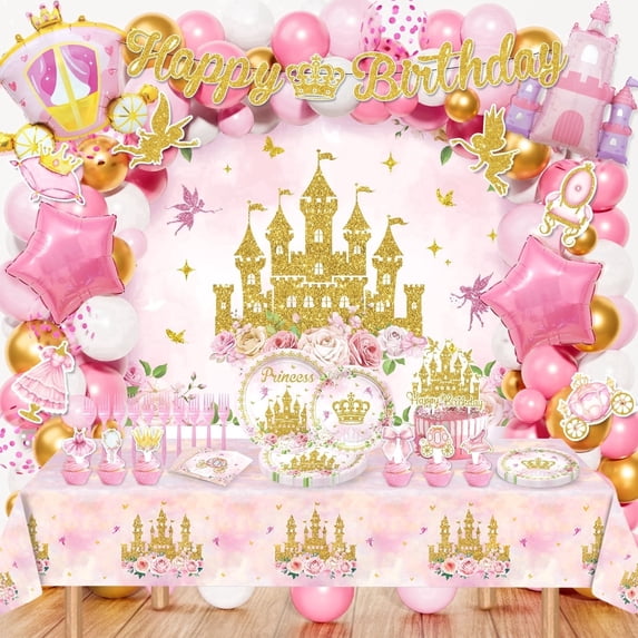 Heidaman Princess Birthday Party Decorations, Princess Party Decor with Balloon Arch Kit, Banner, Backdrop, Wall Signs, Tablecloth, Plates, Napkins, Forks, Cake Topper, Cupcake Toppers