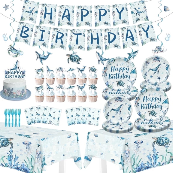Heidaman Under the Sea Party Decorations, Ocean Themed Party Decorations with Banner, Hanging Swirls, Tablecloths, Plates, Napkins, Forks, Cake Topper, Cupcake Toppers