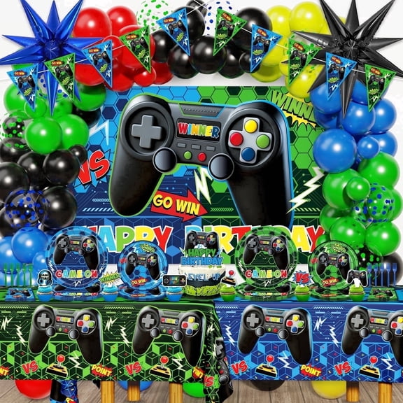 Heidaman Video Game Birthday Party Decorations for Boy All-in-one Set 185Pcs Banner Ballons Backdrop Tablecloth Plates Napkins Forks Cake Topper Cupcake Toppers