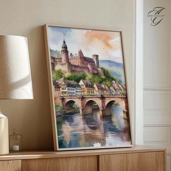 Heidelberg Castle Art Poster: German Old Town, Bridge Scene, Unframed Poster Size 8x12