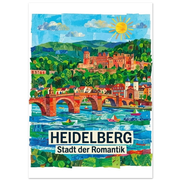 Heidelberg Poster, Colorful Collage Art, Germany Travel Souvenir, Unframed Paper Poster 8x10in