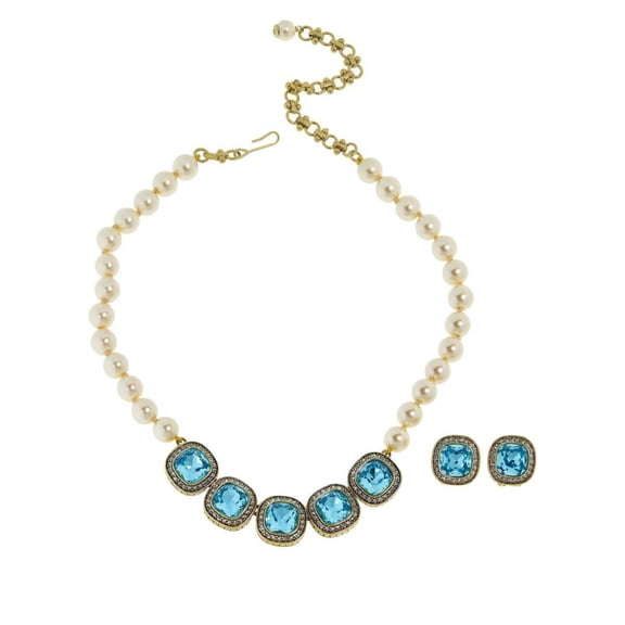 Heidi Daus Aqua Blue Cushion Cut Necklace and Earring Set with Gold Tone Finish
