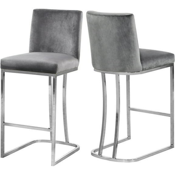 Heidi Grey Velvet Stool Set of 1-Color:Grey Velvet,Finish:Chrome,Style:Contemporary
