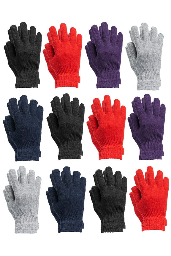 12 Pairs of Winter Gloves Mens and Womens - Thermal Knit Stretchy Fuzzy Bulk Glove Colors (WOMENS ASSORTED SOLID)