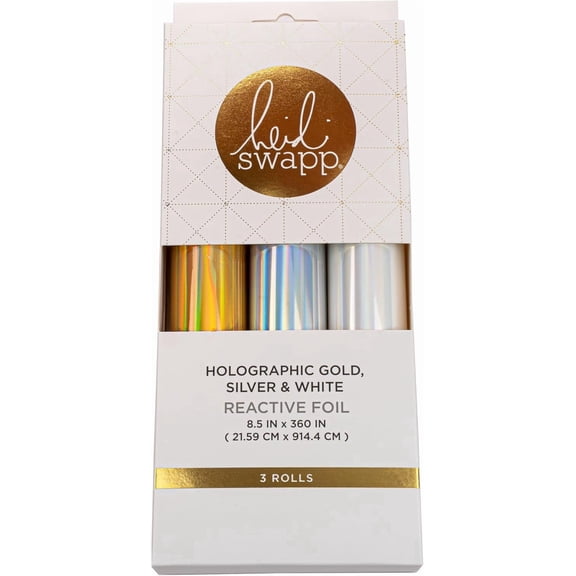Heidi Swapp Premium Toner-Reactive Foil 3-Roll Set 216mm 3m Each Compatible with Heidi Swapp Foil Applicator, Laser Printers &, Metallic Craft Foil, 3 Rolls: Silver, White, and Holo Gold