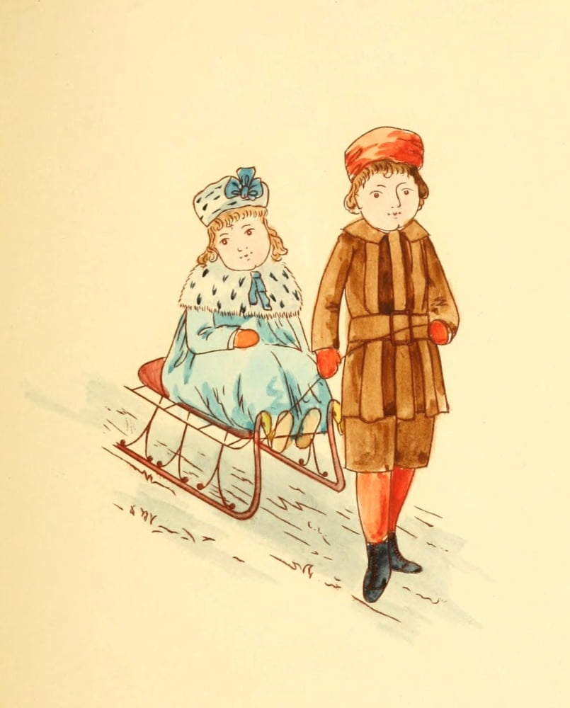 Heigh-O For the Christmas-tide 1887 Children with Sleigh Canvas Art - Annie C McQueen (24 x 36)