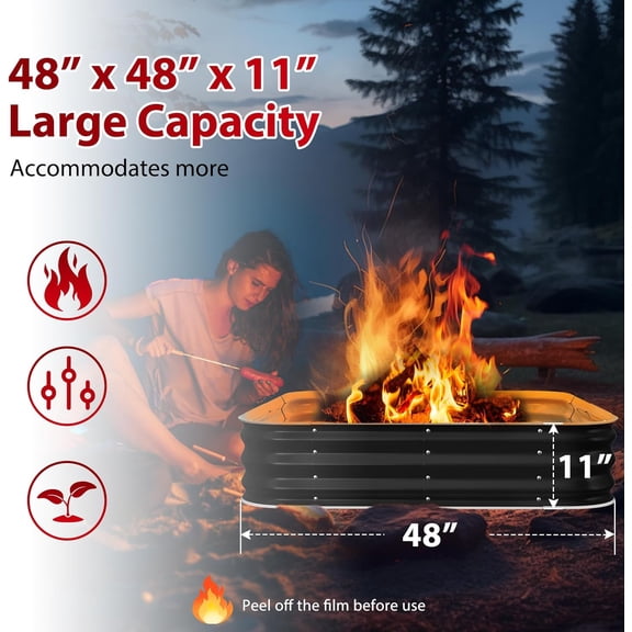 Height 11.5 Inch, Square Galvanized Steel Fire Pit for Outside, Heavy Duty Steel Fire Pit In-Ground for Backyard, Camping, Bonfire, Flower Raised Garden Bed for Garden (4X4X1 FT)