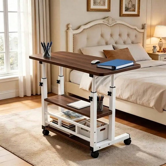 Height Adjustable 3-Tier Mobile Computer Desk, Rolling Laptop Cart With Knob Lifting Design, Lockable Universal Caster Wheels, Metal Frame Space-Saving Portable Workstation For Home Office.