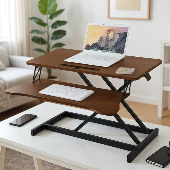 Height Adjustable 32 Inch Wide Stand Up Desk Converter, Laptop Sit Stand Desk Riser for Table Tops and Home Office with Keyboard Tray, Walnut