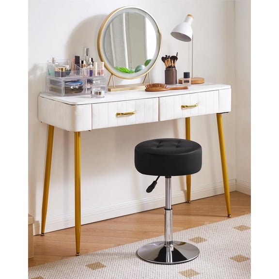 Height Adjustable 360°Swivel Vanity Stool, Tufted Round Vanity Chair for Makeup Room, Faux Leather Vanity Stool for Bathroom, Living Room, Modern Ottoman, Black WBD025B