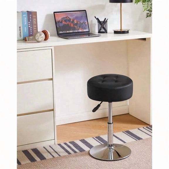 Height Adjustable 360Swivel Vanity Stool, Tufted Round Vanity Chair For Makeup Room, Faux Leather Vanity Stool For Bathroom, Living Room, Modern Ottoman, Black