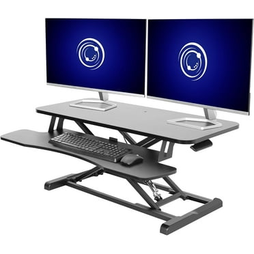Height Adjustable 37in Standing Desk Converter Sit to Stand up Desk Riser Computer Workstation with Wide Keyboard Tray 2-Tier Desktop Black
