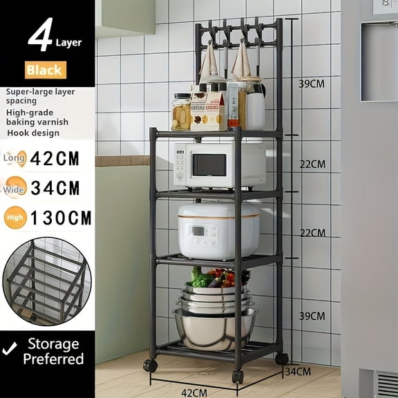 Height Adjustable 4/5-Tier Metal Storage Rack with Hooks - Freestanding for Kitchen, Bathroom & Laundry Room Organization