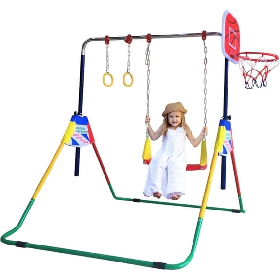 Height Adjustable 4-in-1 Gymnastics Bar Set with Horizontal Kip Bar, Swing Seat, Trapeze Rings, and Basketball Hoop - Folding Junior Training Bar