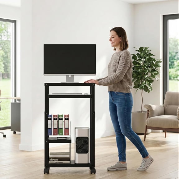 Height Adjustable AV Presentation Cart with Keyboard Tray for Projectors and Computers, Mobile Office Workstation with 4 Wheels and Storage Shelves