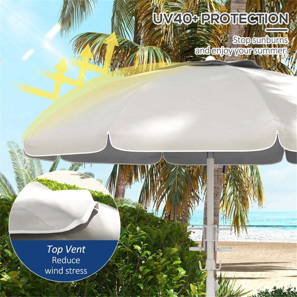 Height Adjustable Beach Umbrella with Cup Holders and Hooks, UV 40