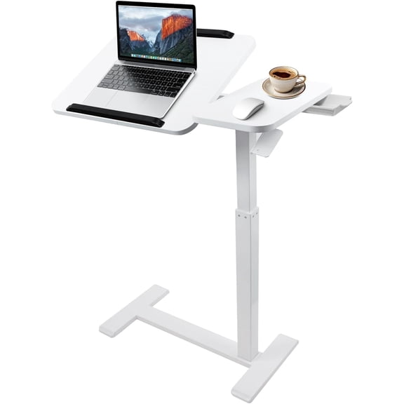 Height-Adjustable Bedside Sofa-Side Table with 60 Degree Tilt Panel and Drawers, on Wheels, White