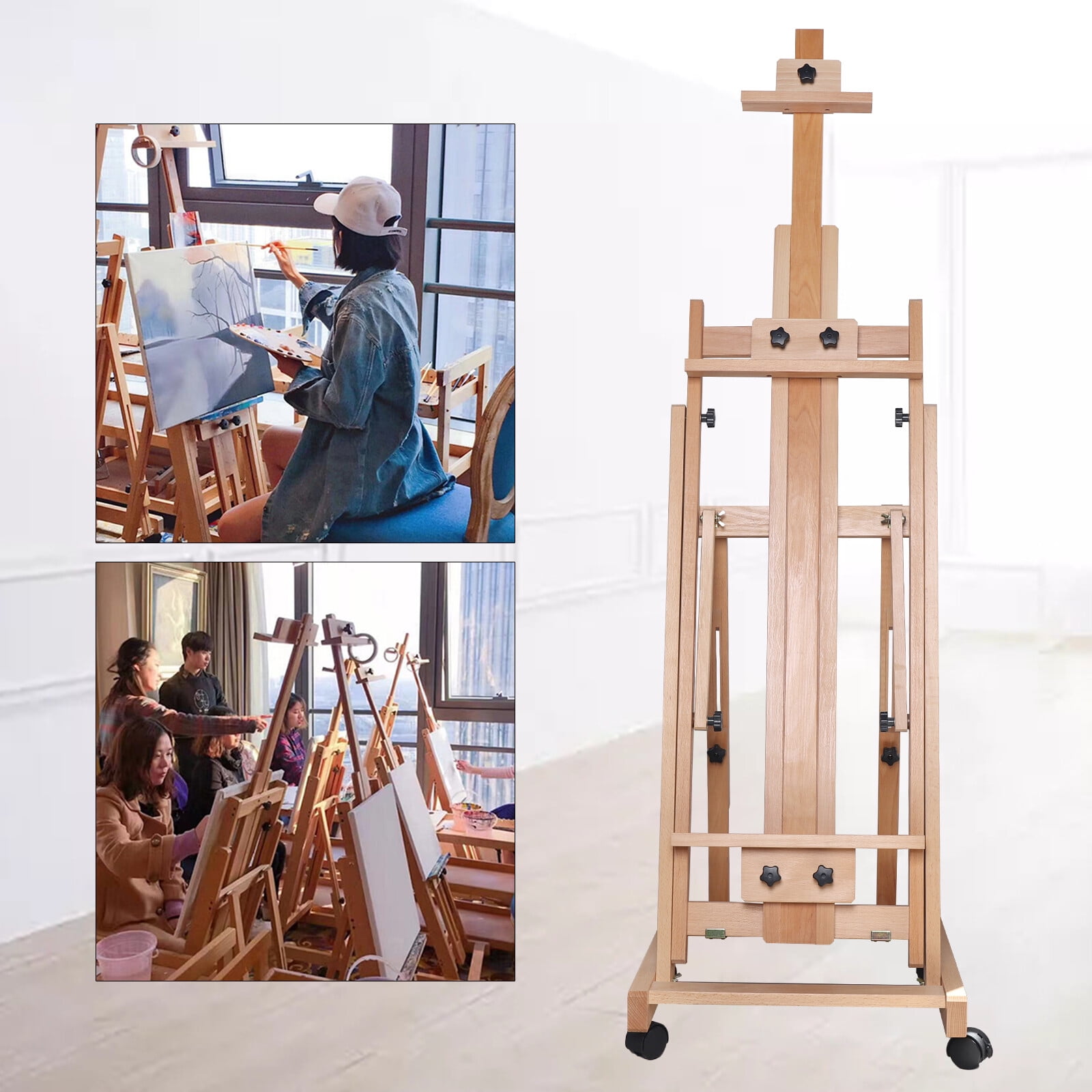 Height-Adjustable Beech Wood Floor Easel, 56.3-91.34in with 4 Lockable Wheels for Art Projects