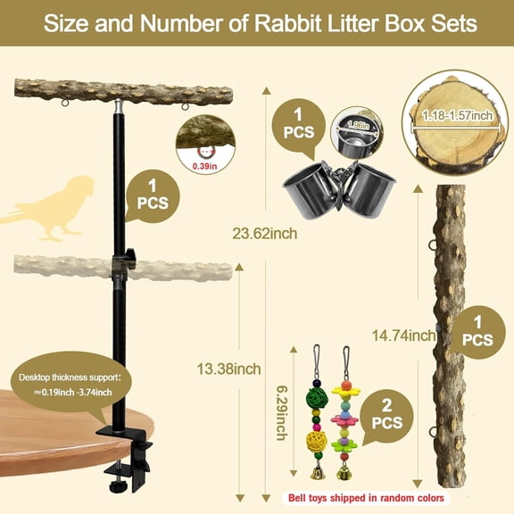 Height Adjustable Bird Perch Pepper Wood Stand with Feeding Cups and Swing Toy for Small to Medium Birds