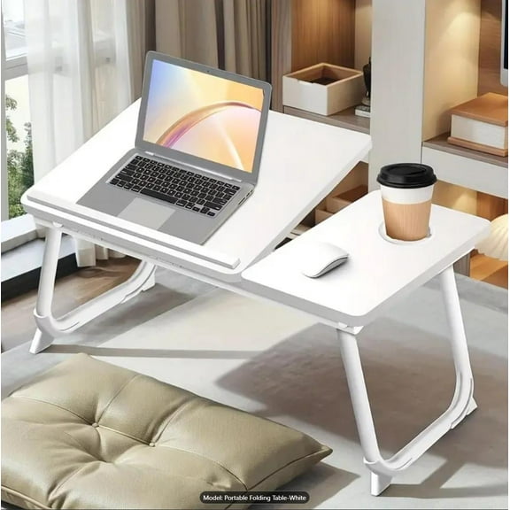 Height Adjustable Black Portable Folding Table, Laptop Desk, Sofa Table, Tray Bed Table With Cup Holder For Reading, Writing, Eating And Drinking