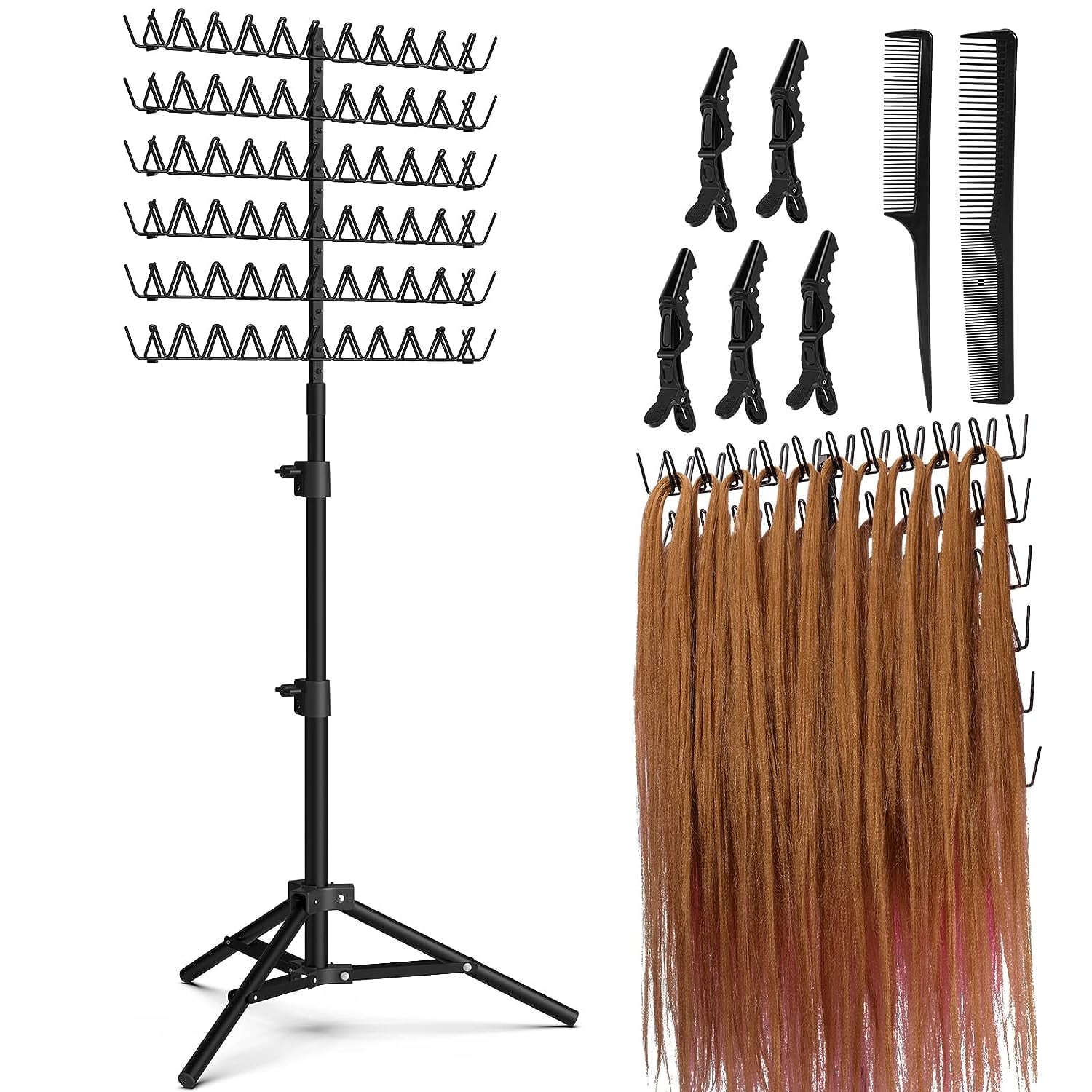 Height Adjustable Braiding Hair Rack with 120 Pegs, Standing Hair Extension  Holder for Braiding Hair, 2-side Metal Hair Holder with Hair Braiding Tools  for Stylists 