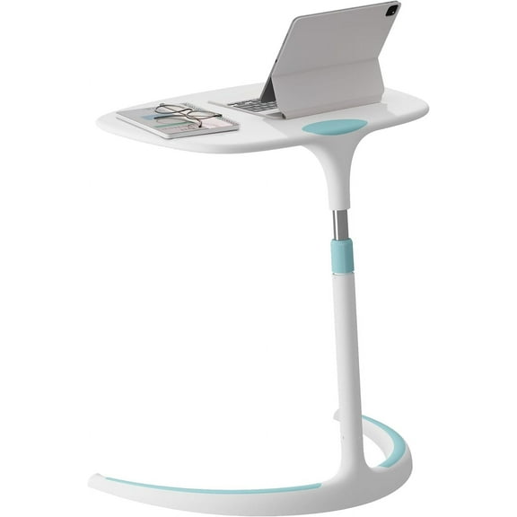 Height Adjustable C Shaped End Table, Laptop Side Table for Couch, Sofa Bedside Laptop Stand C Shaped TV Tray for Home Living Room Bedroom - White + Blue