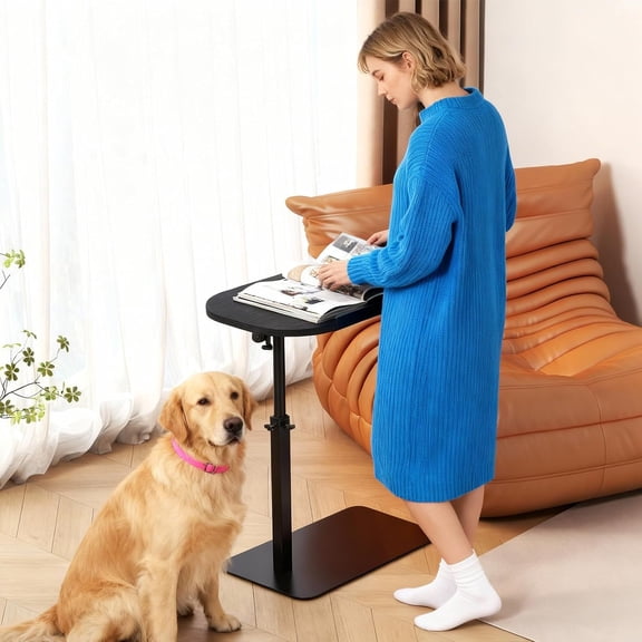 Height Adjustable C-Shaped Side Table, Sofa Tray for Couch, 360° Swivel, Slim Under-Furniture End Table with Phone & Tablet Slot, Snack Table for Bed, Chair, or Small Spaces