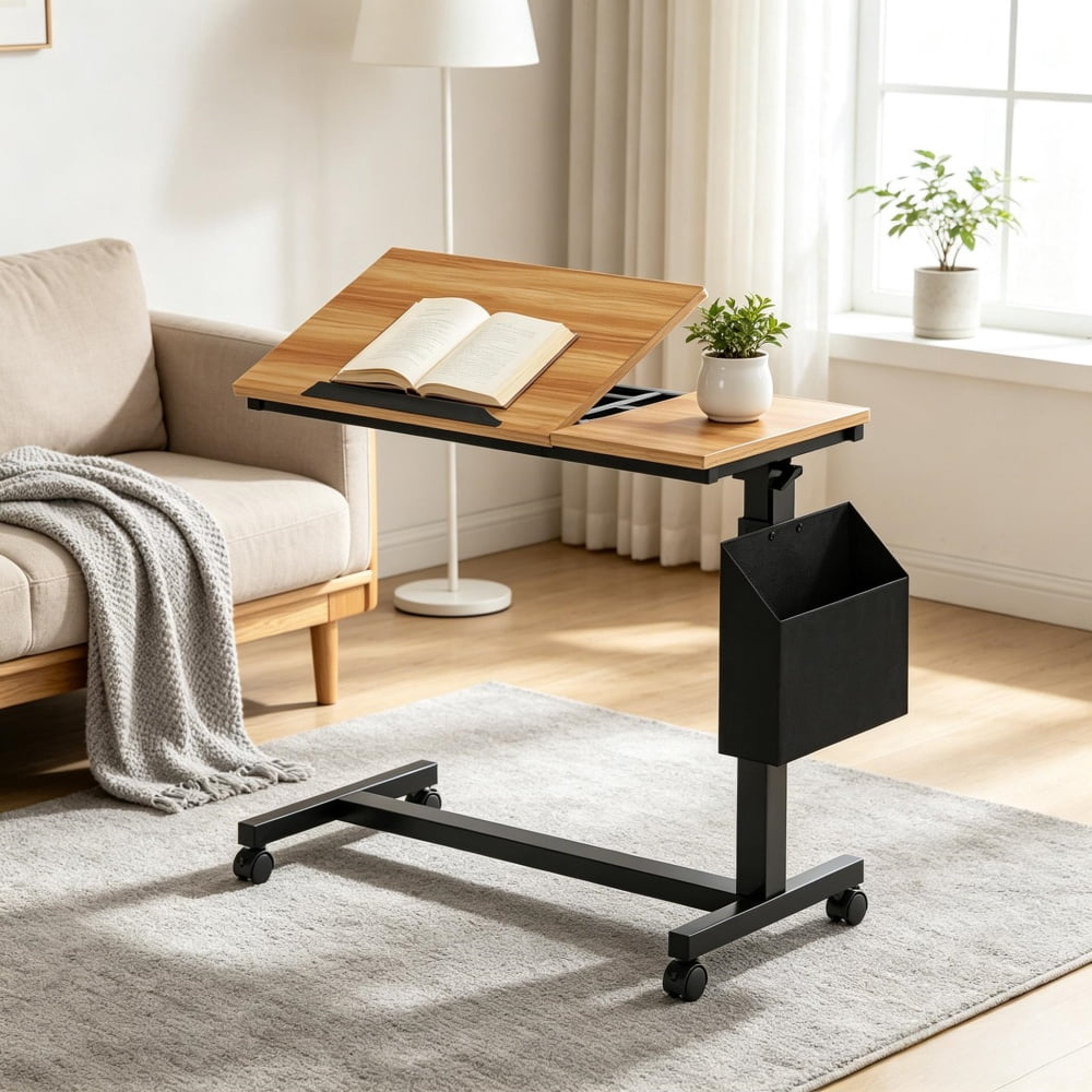 Height Adjustable C-Shaped Side Table with Tilting Top & Wheels, Mobile Laptop Overbed Table with Magazine Holder, 45 lbs Capacity for Sofa Bedroom
