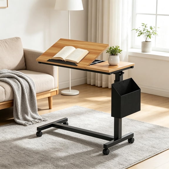Height Adjustable C-Shaped Side Table with Tilting Top & Wheels, Mobile Laptop Overbed Table with Magazine Holder, 45 lbs Capacity for Sofa Bedroom