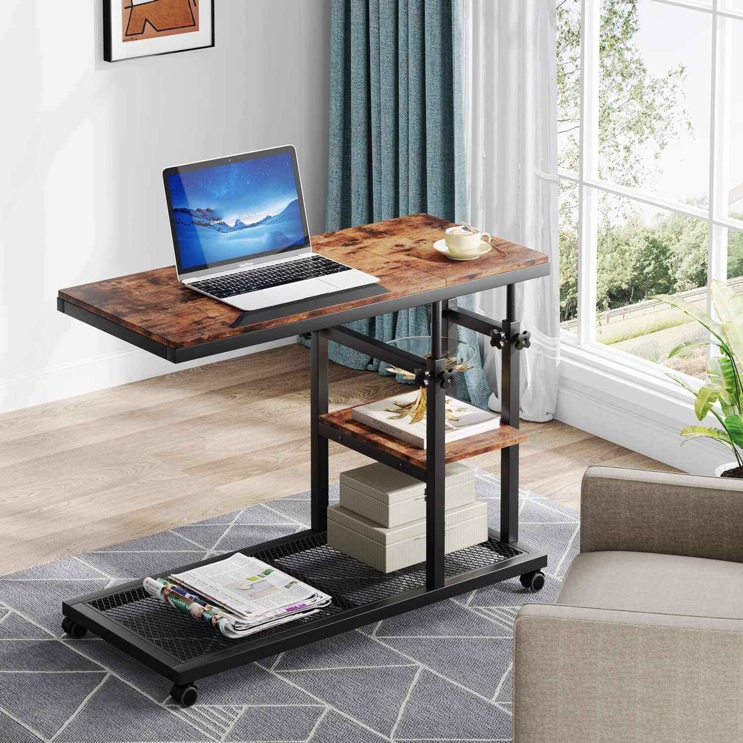 Height Adjustable C Side Table with Wheels, Sofa Bedside Laptop Desk