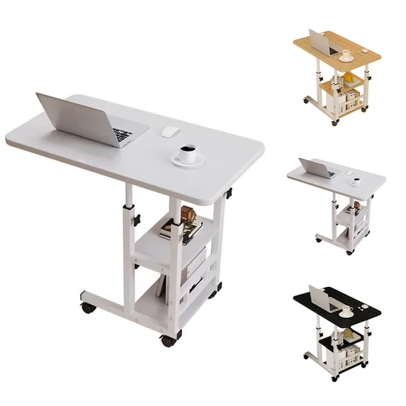 Height Adjustable C Table with Wheels, Mobile Couch Snack Side Table with Tiltable Drawing Board, Sofa Bedside Laptop Stand C Shaped TV Tray with Storage Shelves
