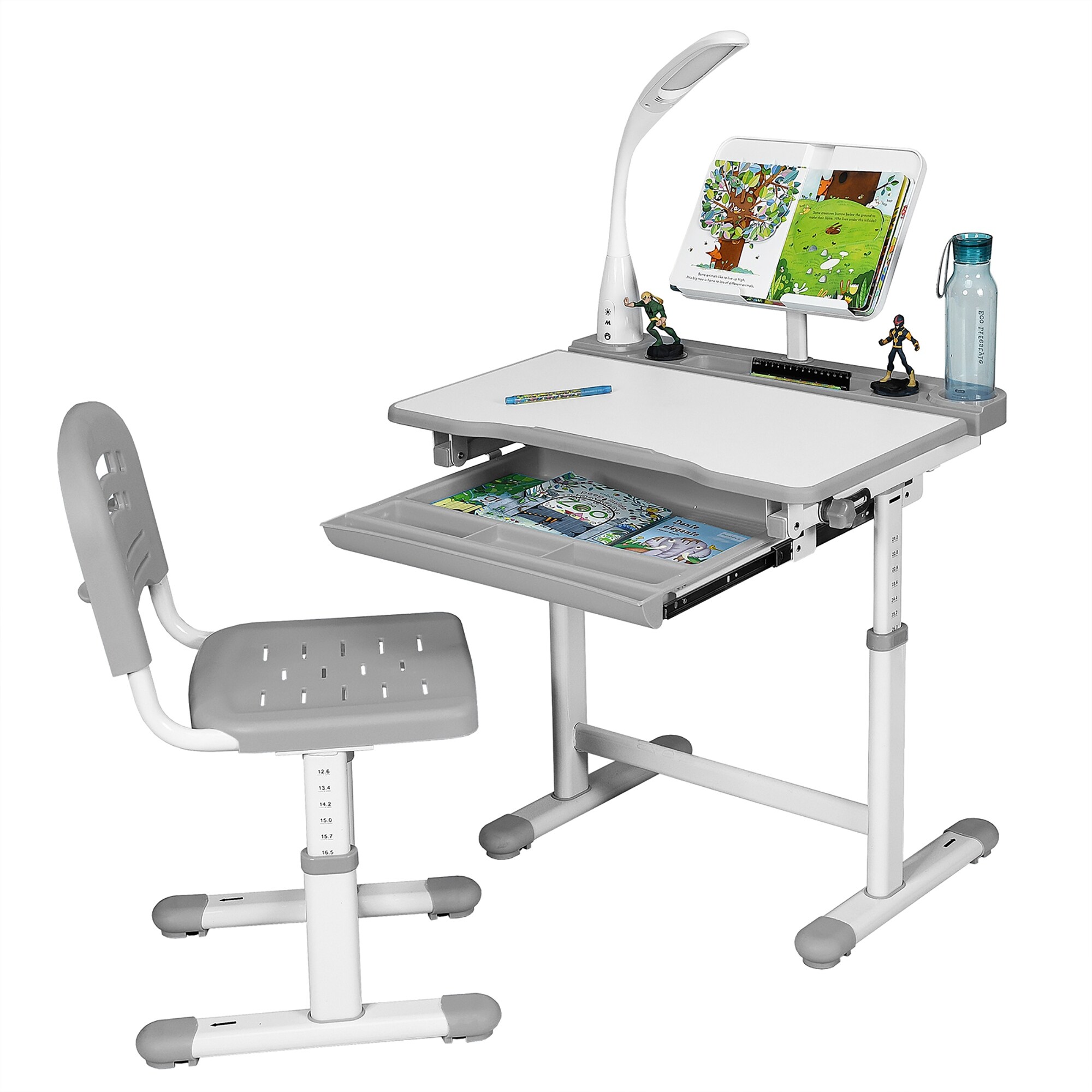 Height Adjustable Child Desk Set Kids Desk and Chair Set Grey